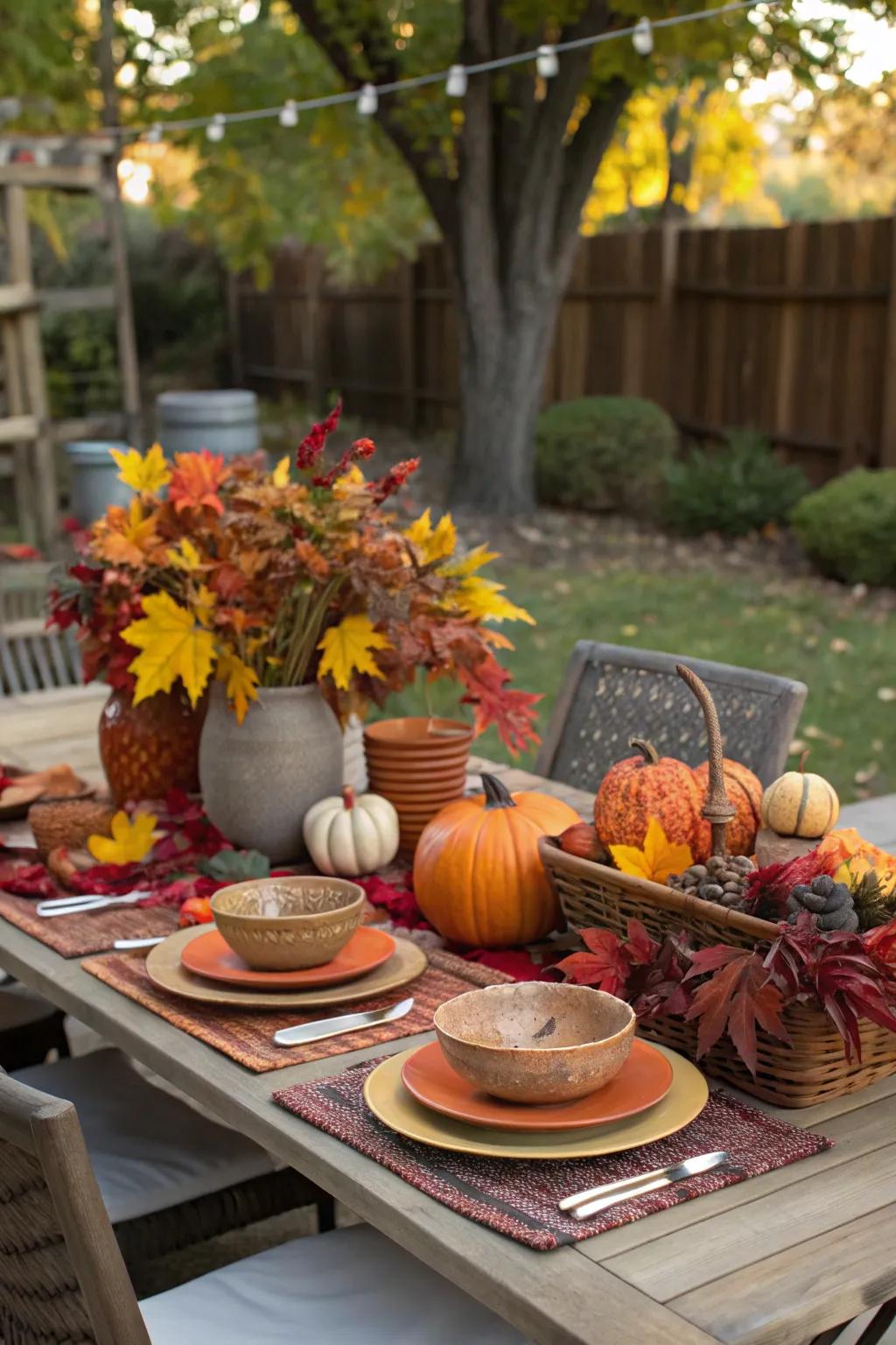 A delightful outdoor table setting featuring seasonal accents.