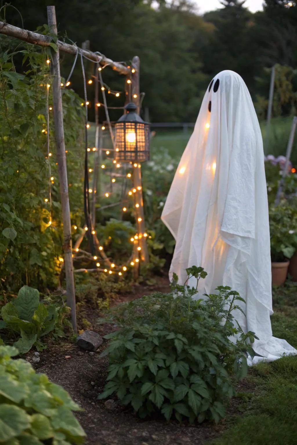 Design a hauntingly beautiful ghost utilizing a plant support and a length of textile.
