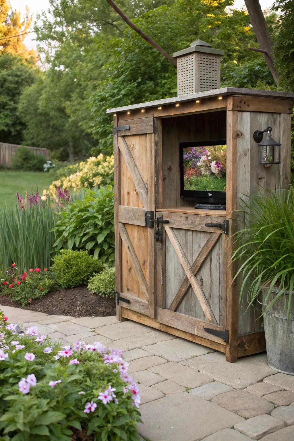 A homespun wooden TV case enhances the charm of any garden.