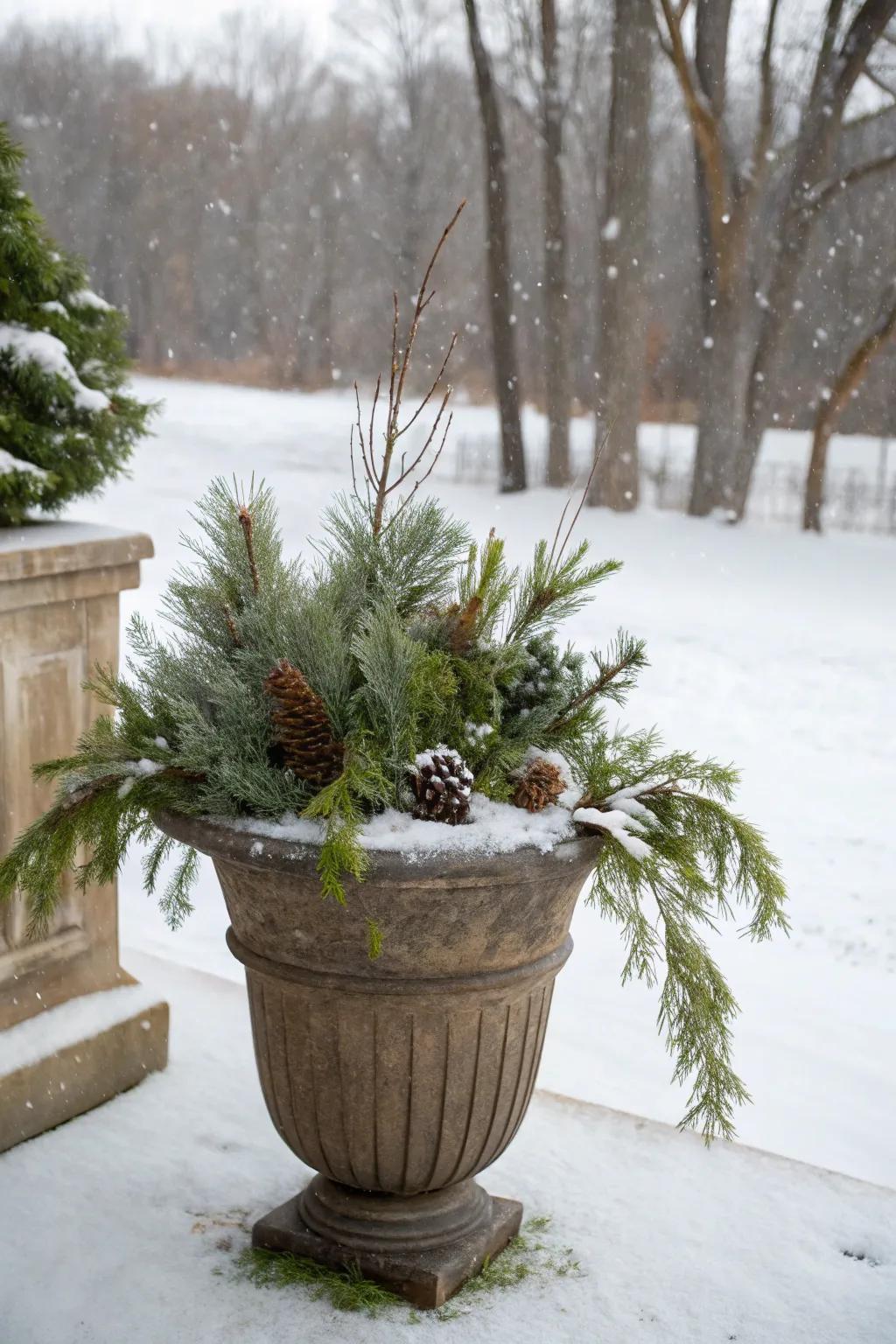 Evergreens offer ageless charm to winter planters.