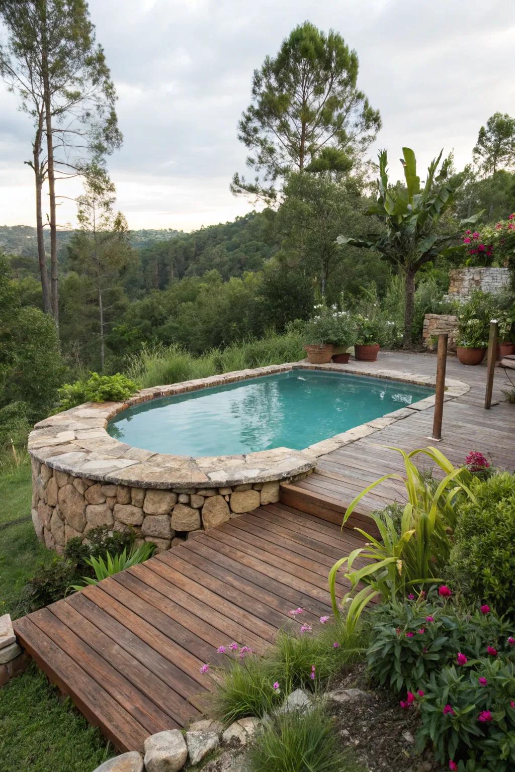 A rustic timber deck harmonizes with the natural elements around this above-ground pool.