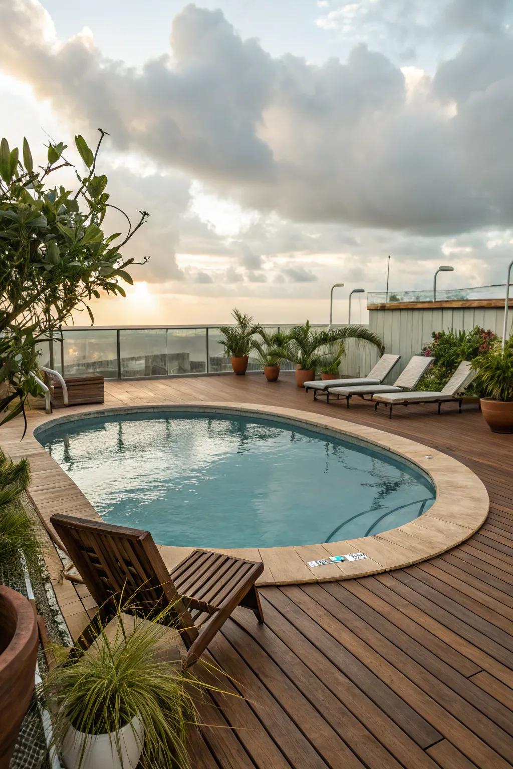 A timber deck lends a touch of warmth and distinction to this oval pool area.