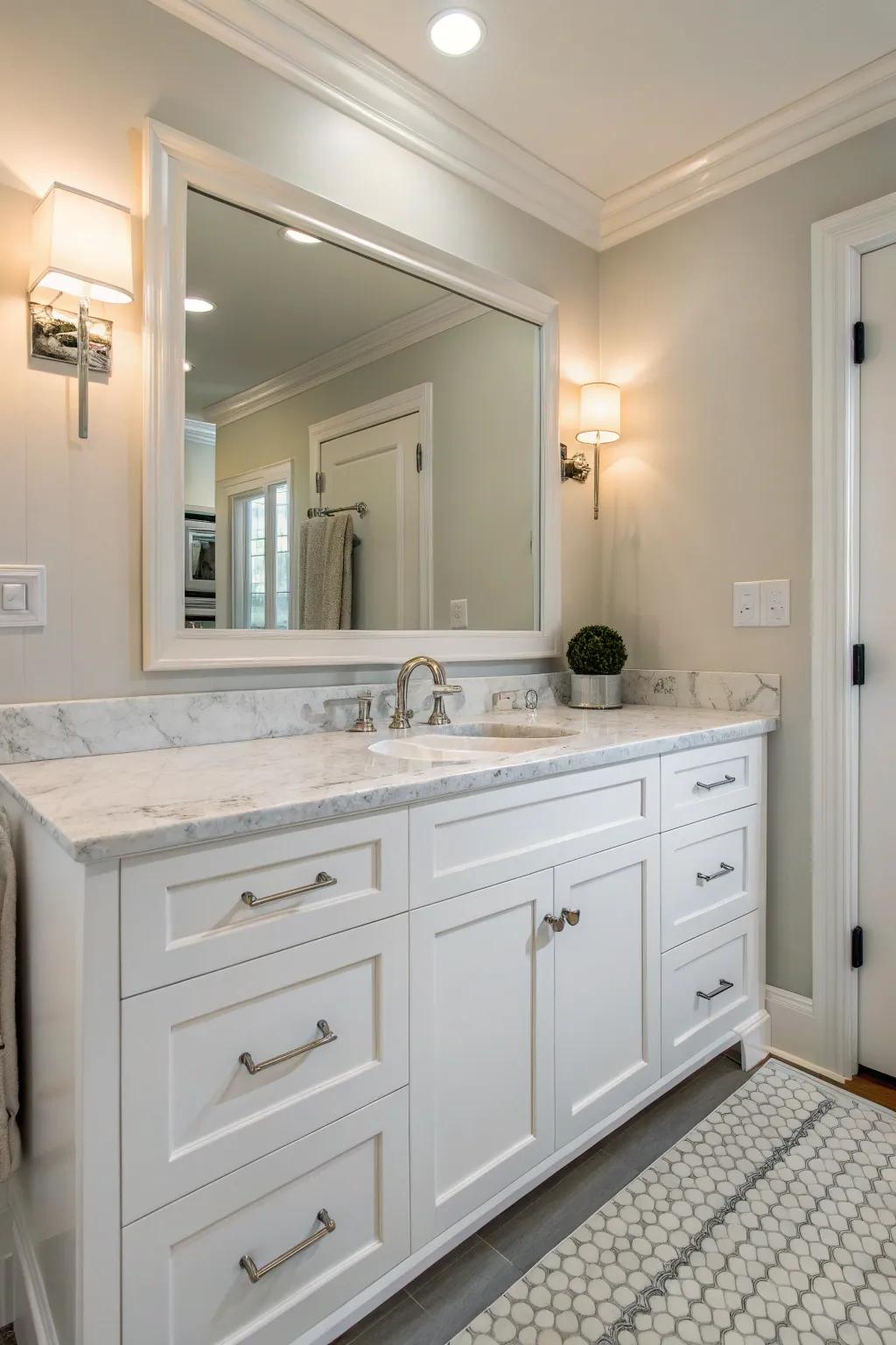 An ivory vanity provides a neat and updated appearance.