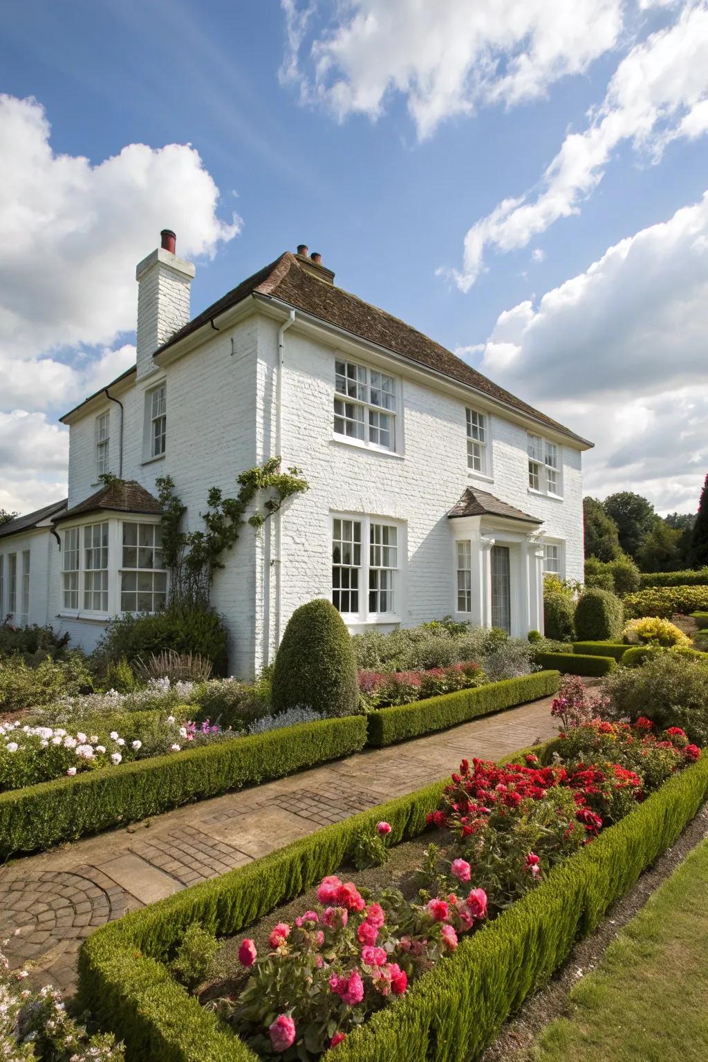 A brick house painted in classic white exudes sophistication and appeal.