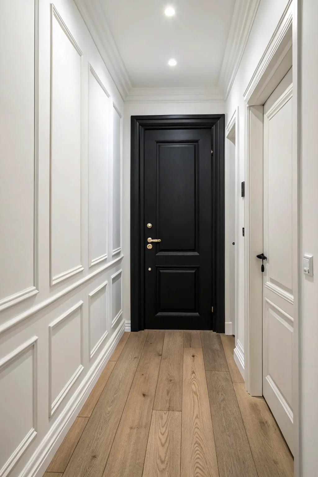 A black door creates a bold contrast, elevating a minimalist space.