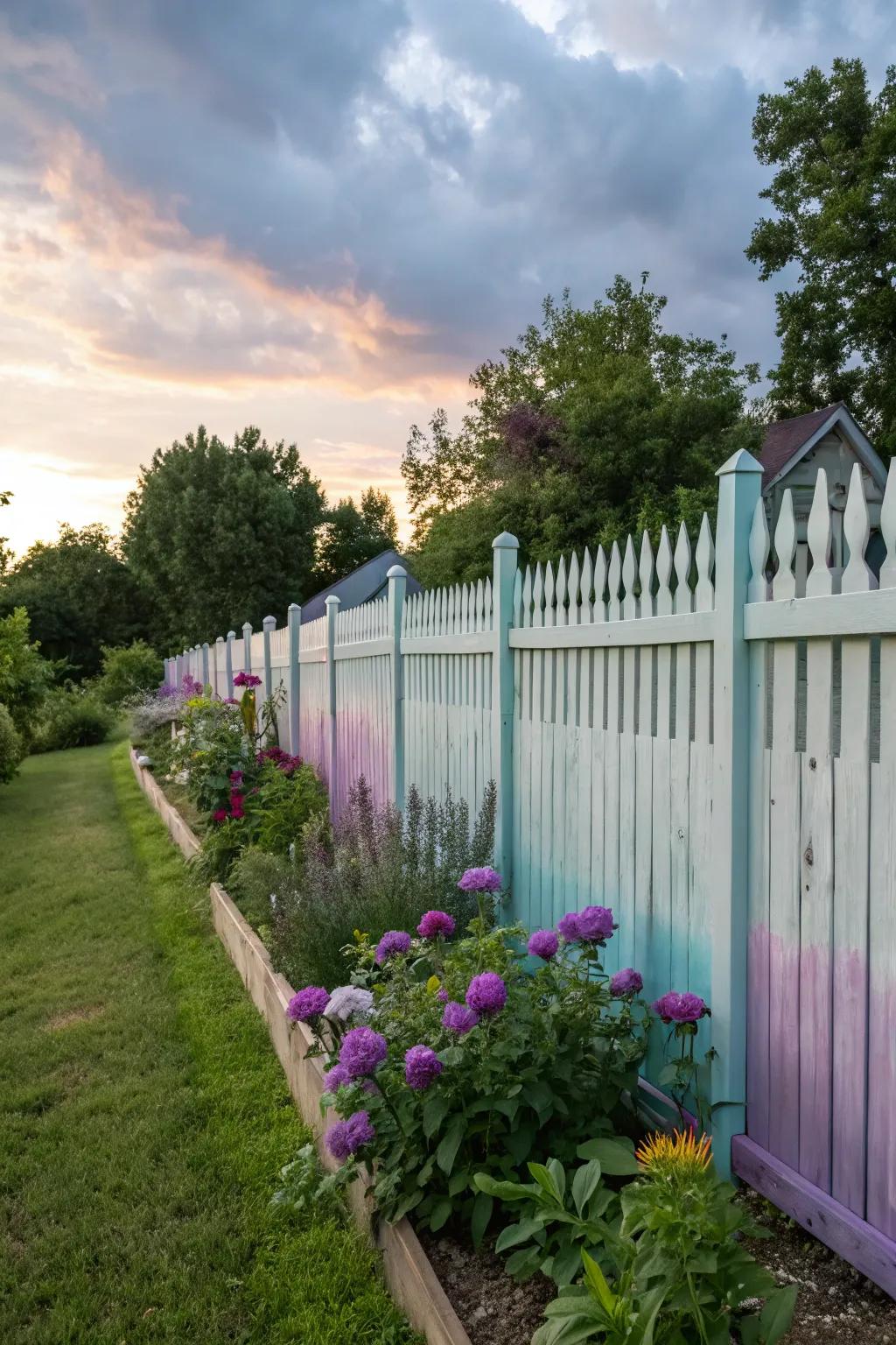 An enchanting ombre picket fence gracefully transitions from darker tones to lighter shades.