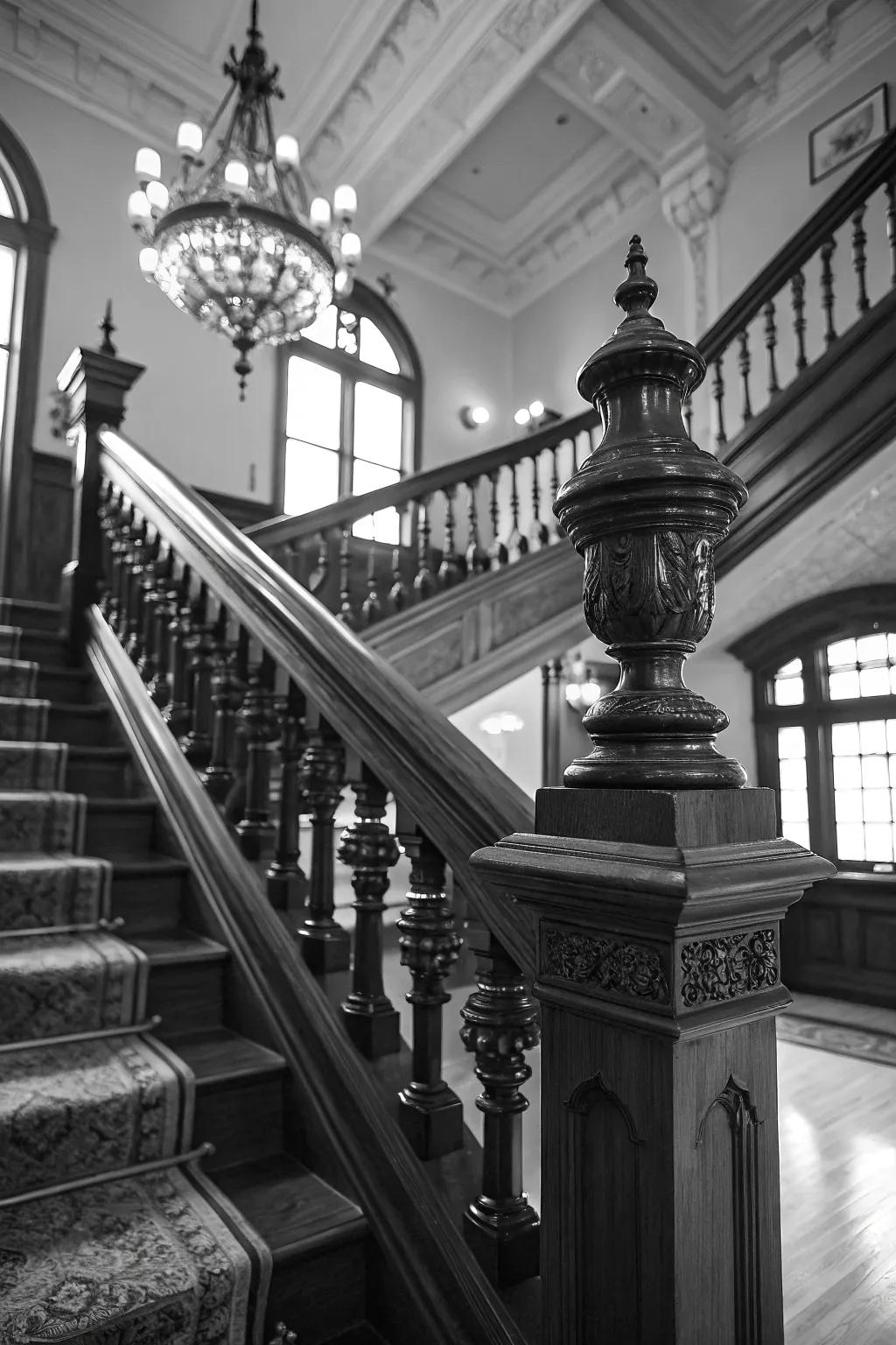 Classic black and white banisters create a timeless elegance.