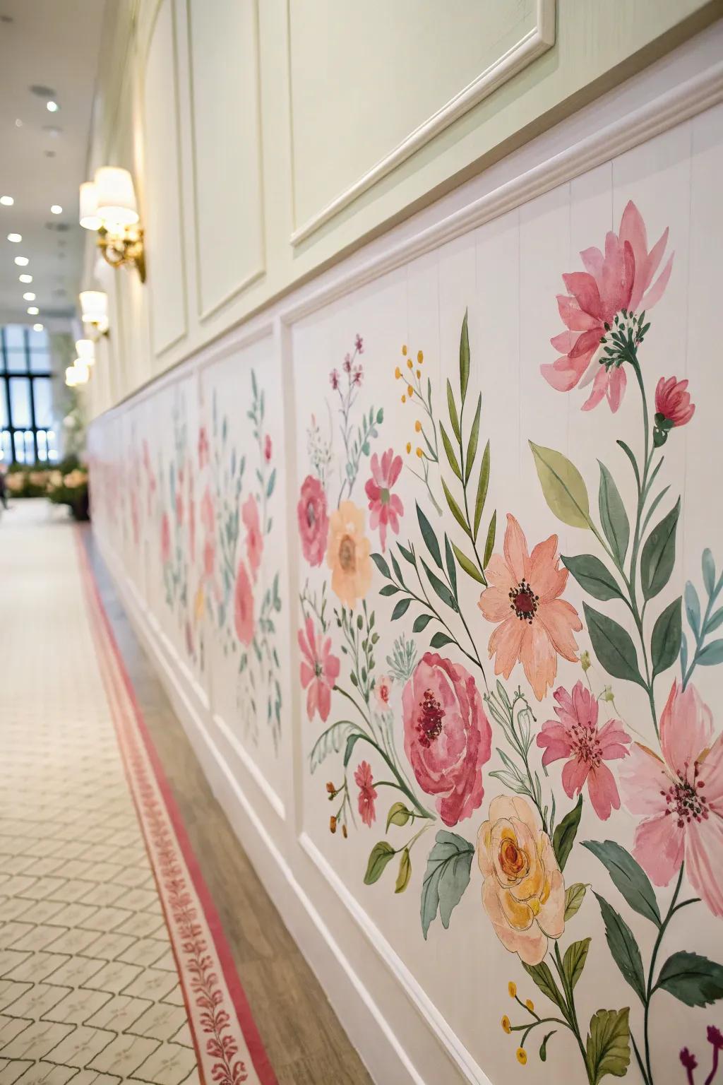 A hallway graced with a watercolor floral border.