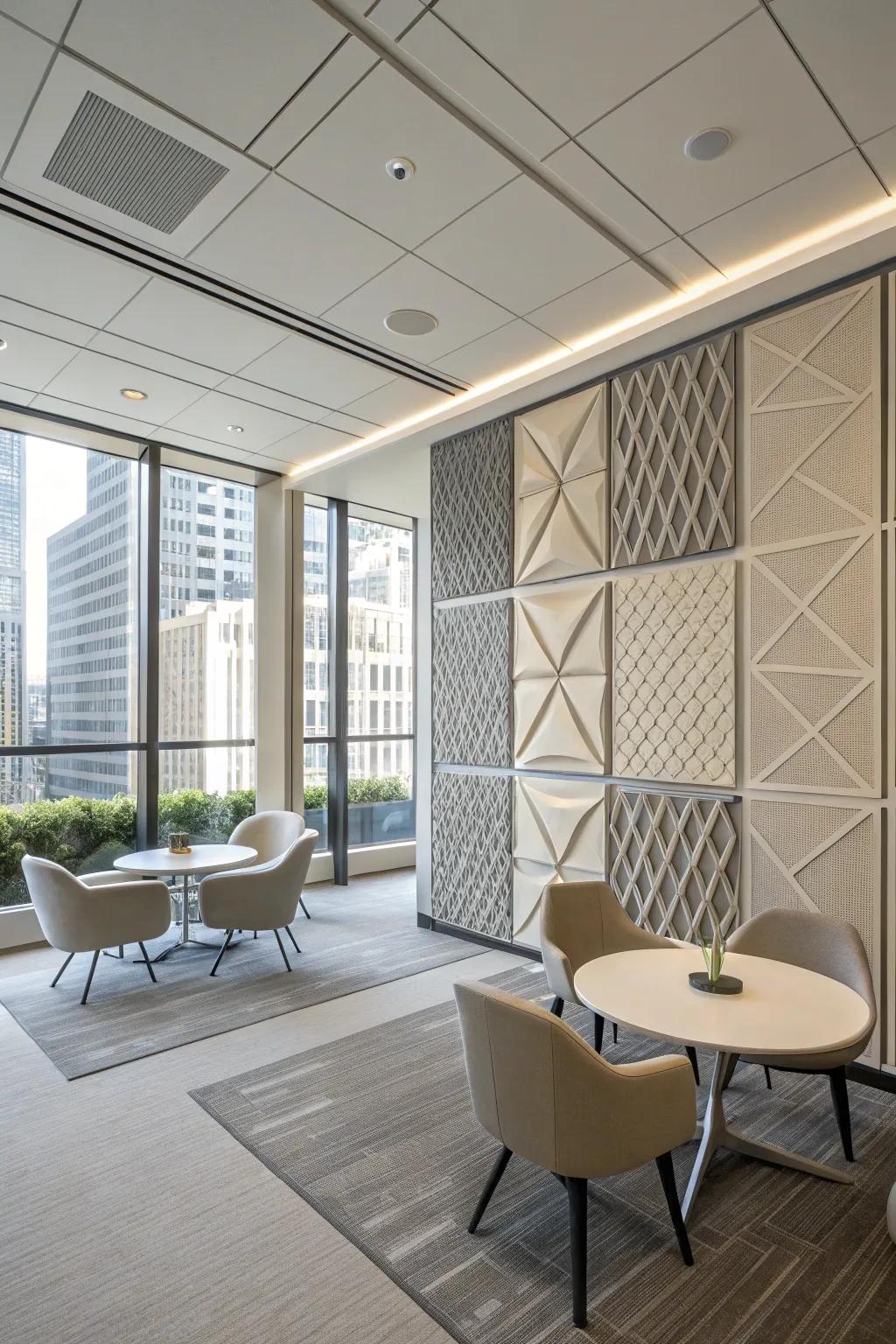 Modern office showcasing geometric board designs in understated hues.
