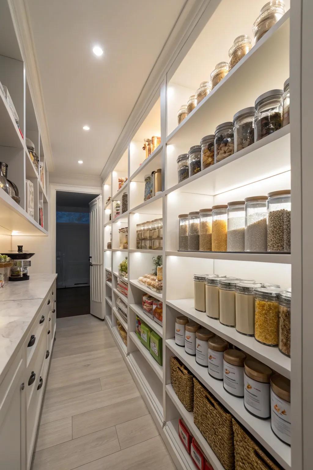 A roomy walk-in pantry equipped with intelligent shelving and stylish lighting.