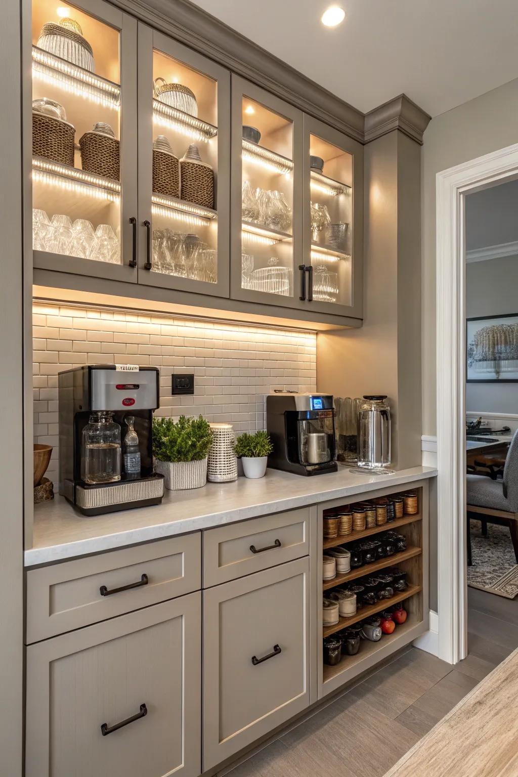 A unified coffee station featuring custom cabinets for a sleek design.