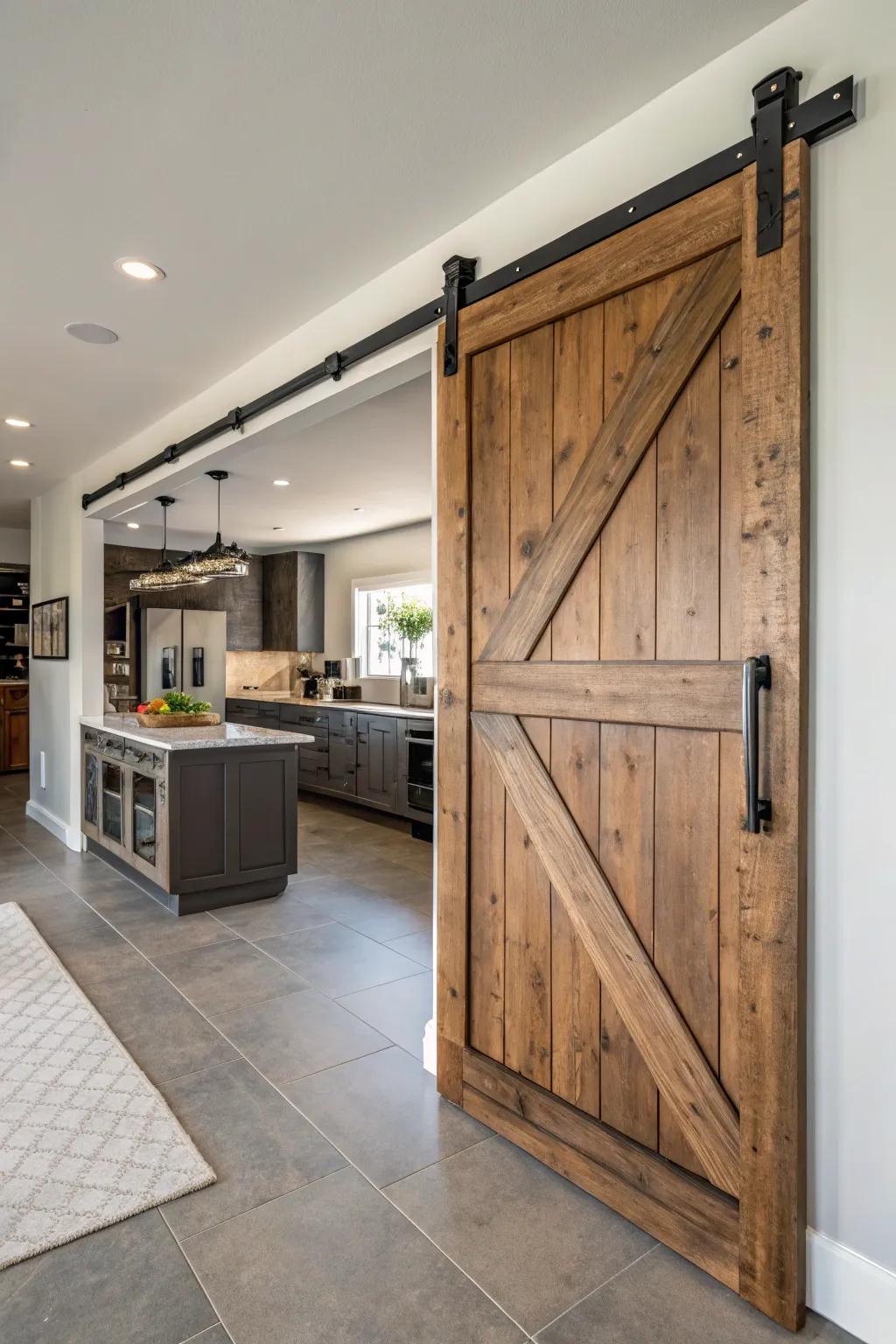 Barn doors bring a blend of countryside charm and practicality to any kitchen space.