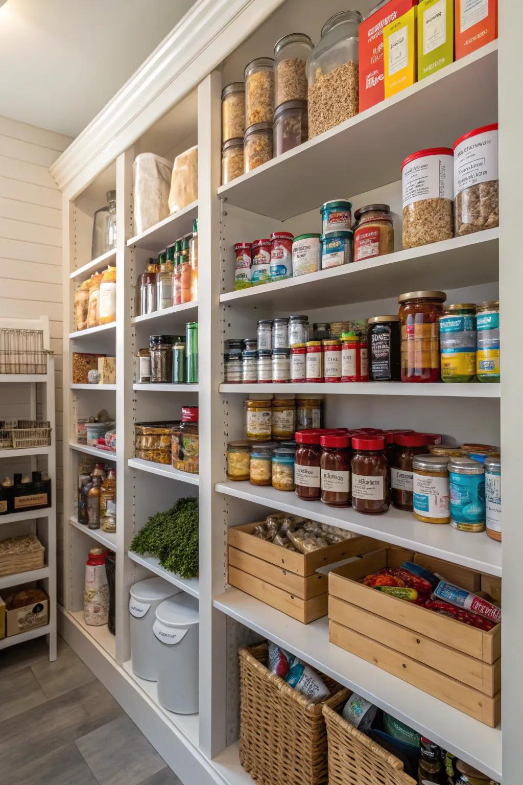 Bespoke shelving in a pantry enhances vertical space and accommodates diverse storage requirements.