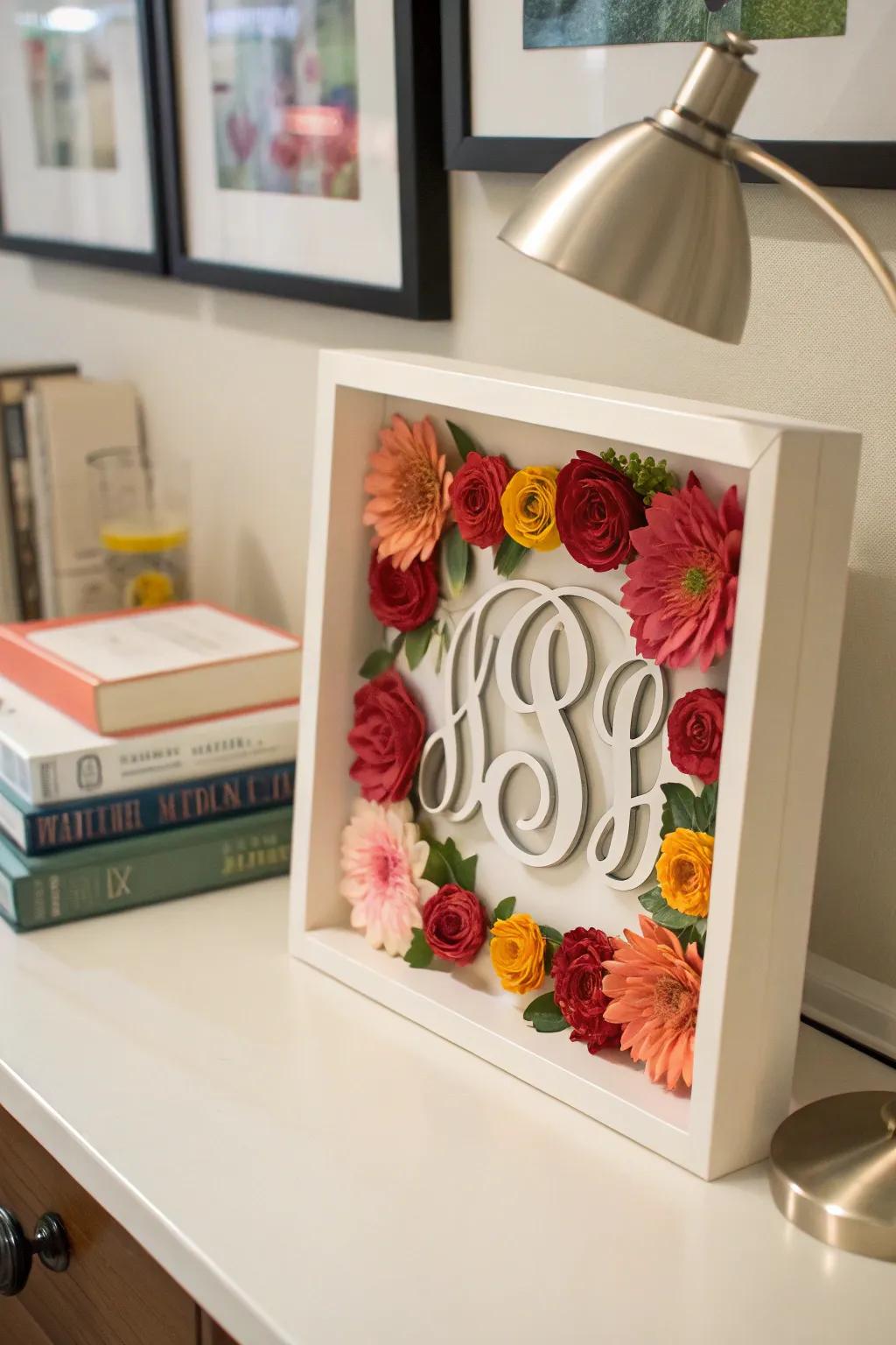 A monogrammed shadow box offers a personalized touch to any space.