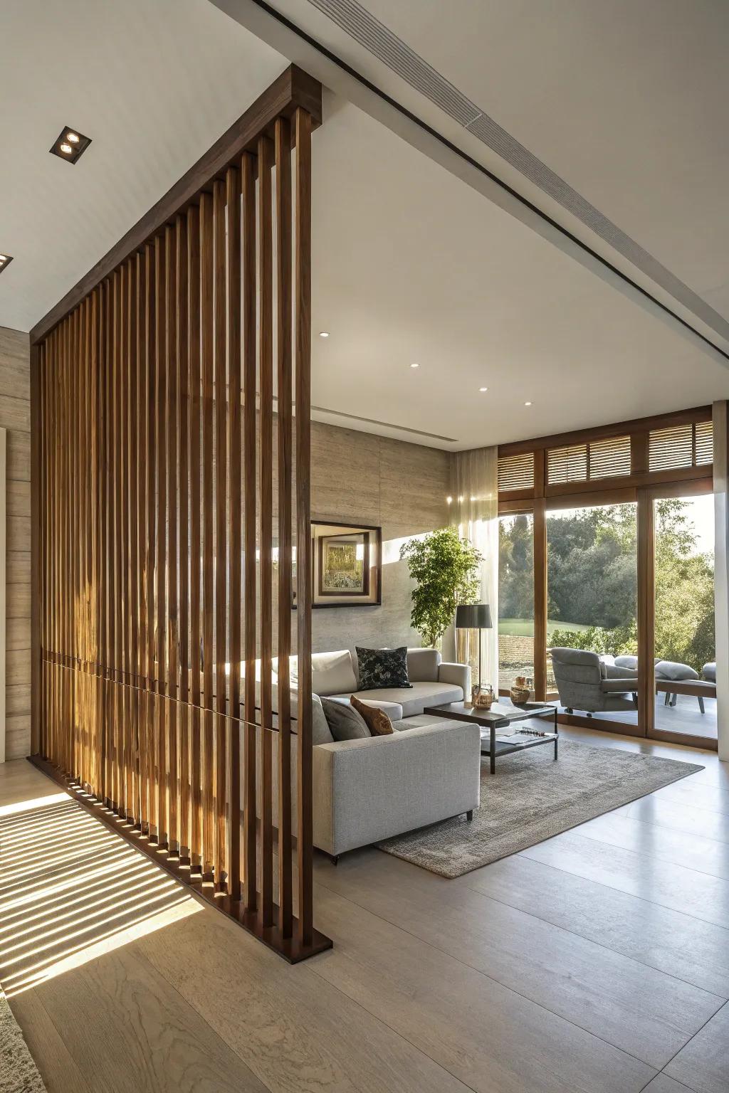 Upright wood strips contribute sophistication and warmth to any space.