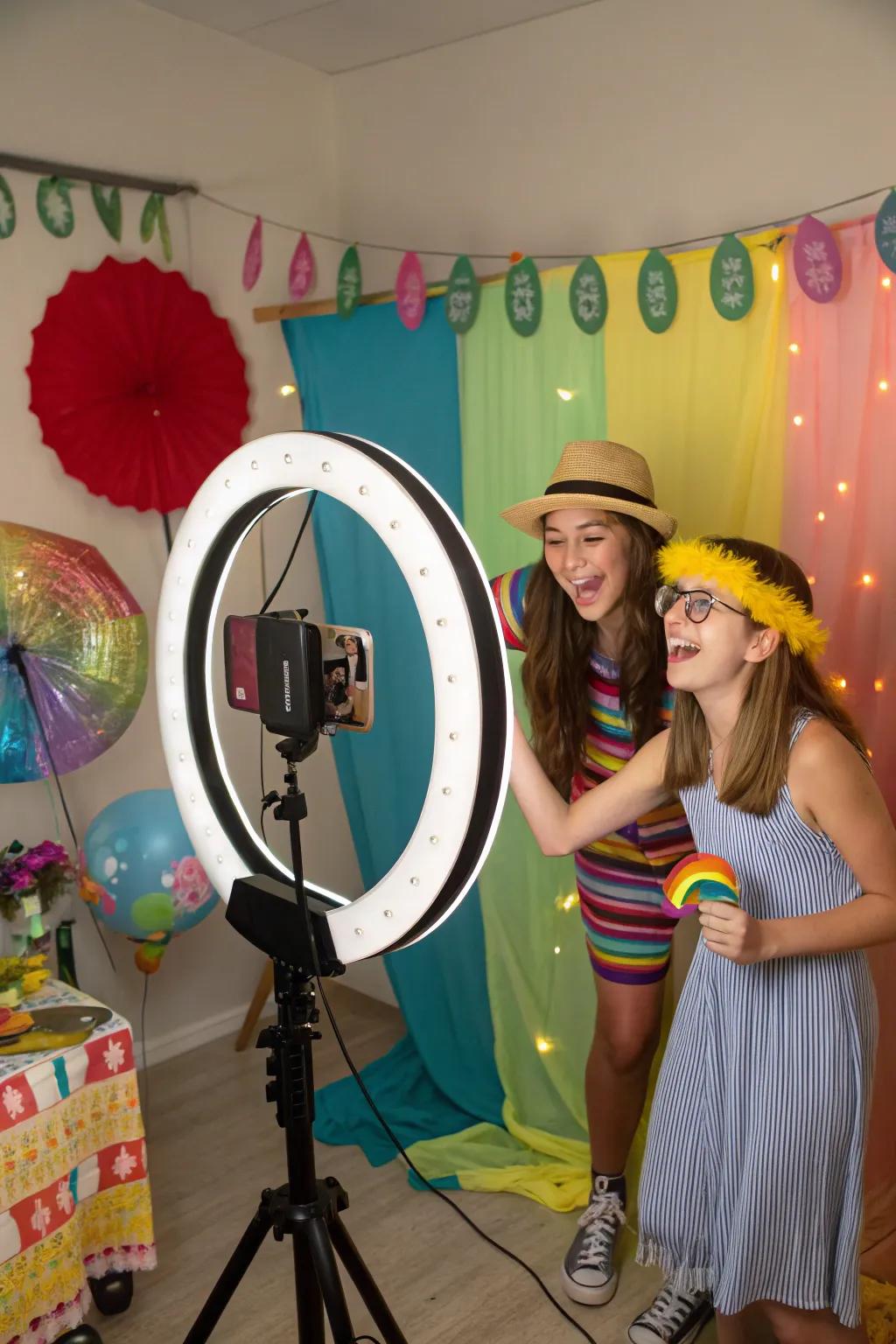 Teens reveling in a craft-your-own picture booth filled with enjoyable accessories and an animated background.
