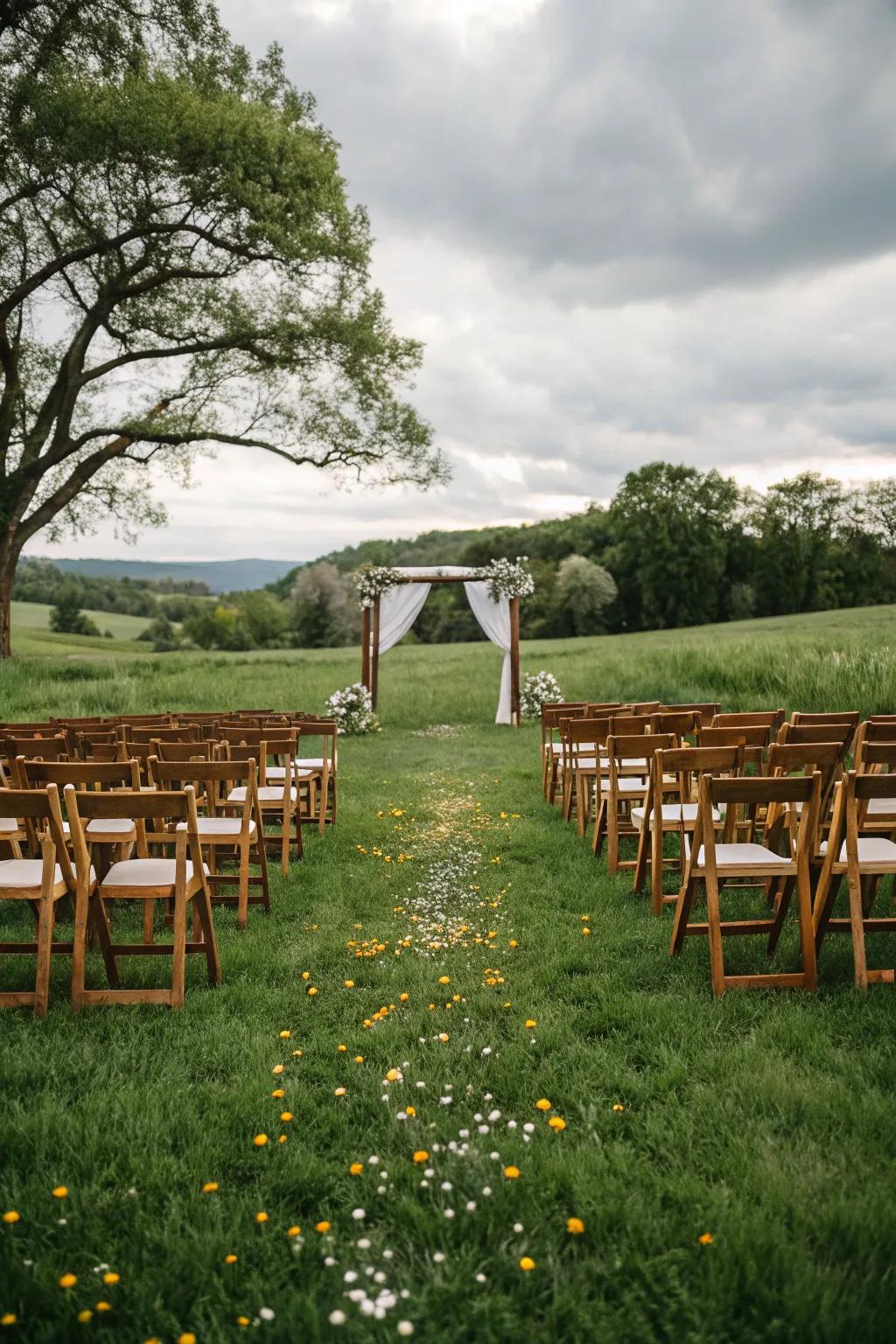 Timber chairs thoughtfully arranged on a flourishing pasture for the ceremony.