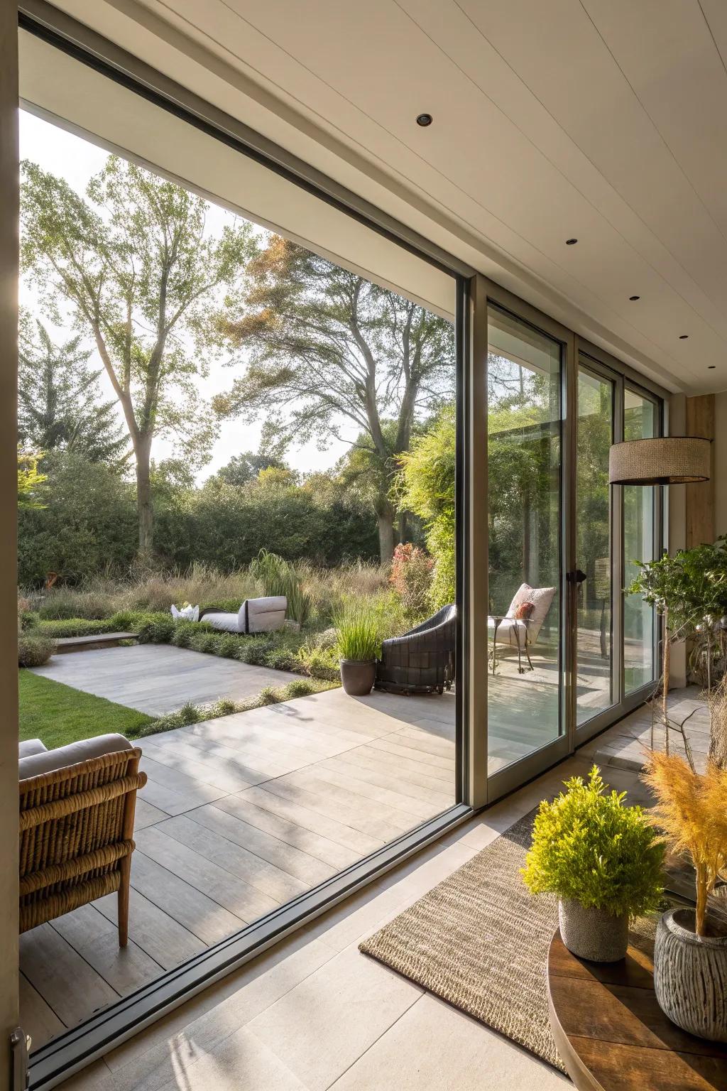 Gliding glass panes provide an expansive view of your garden retreat.