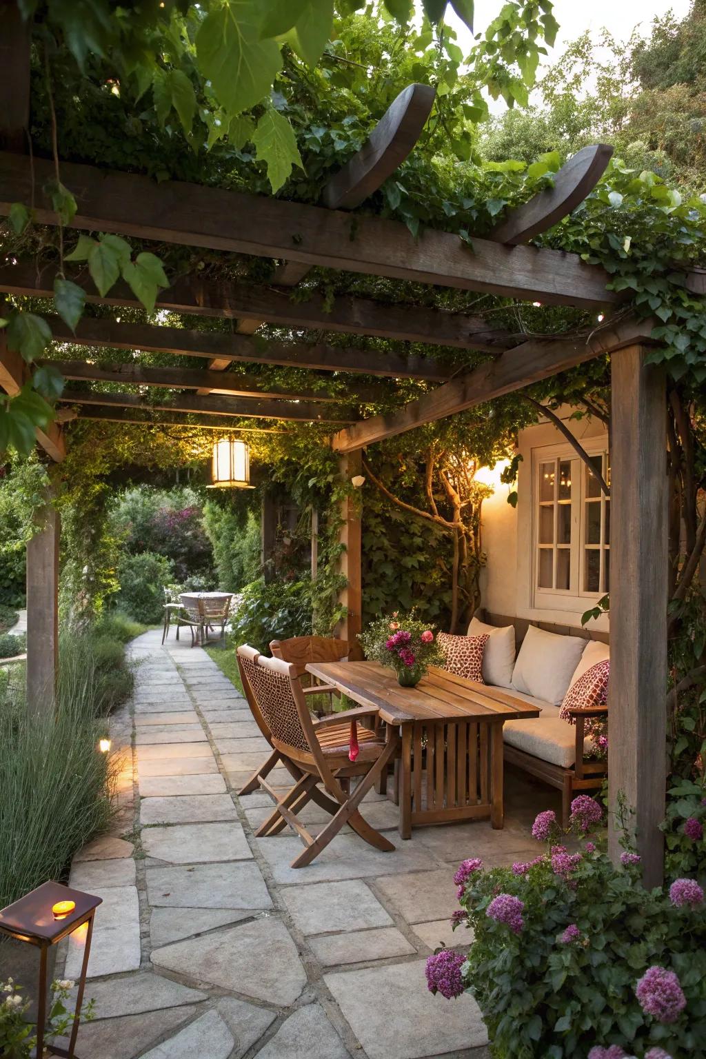A pergola swathed in verdure delivers a tranquil and shaded escape.