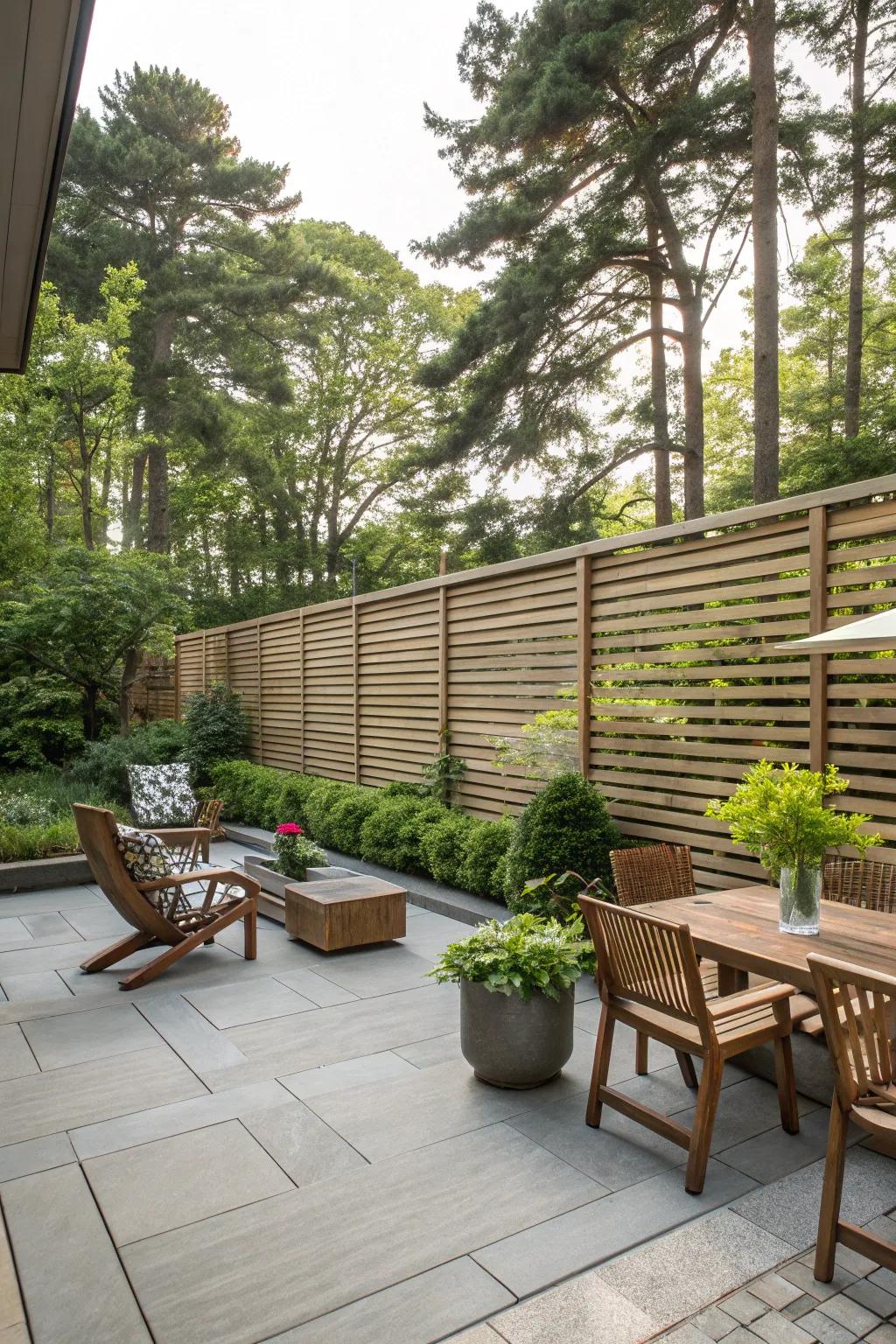 Horizontal wood slats offer a contemporary, airy ambiance to your patio.