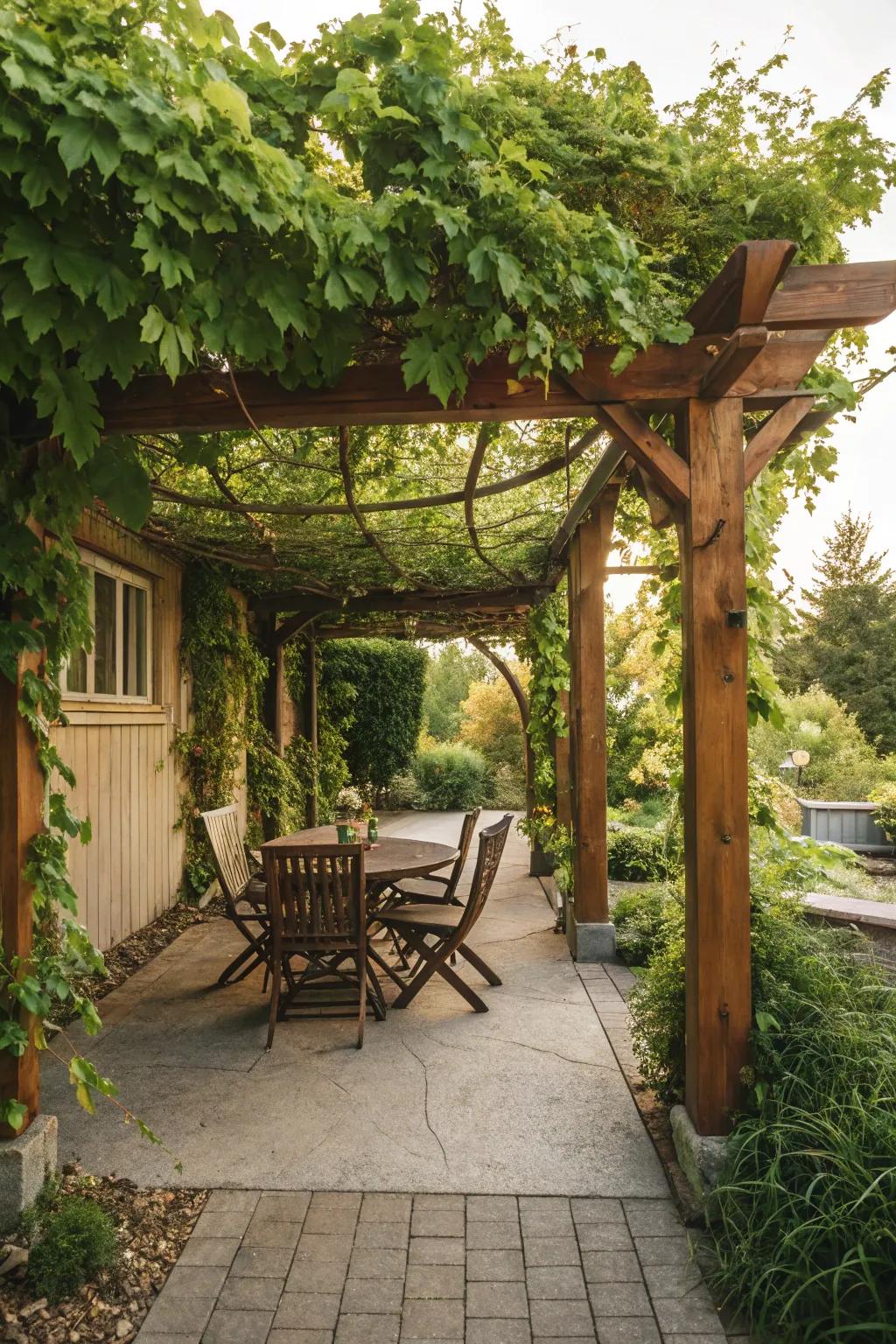 A wooden pergola adorned with climbing vines introduces a natural element to your patio.