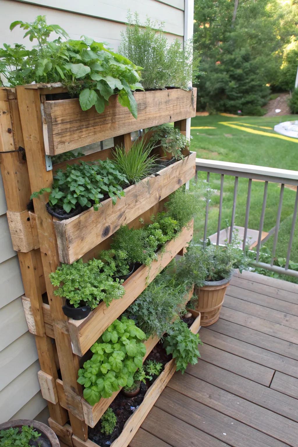 Vertical herb garden utilizing wooden pallets.