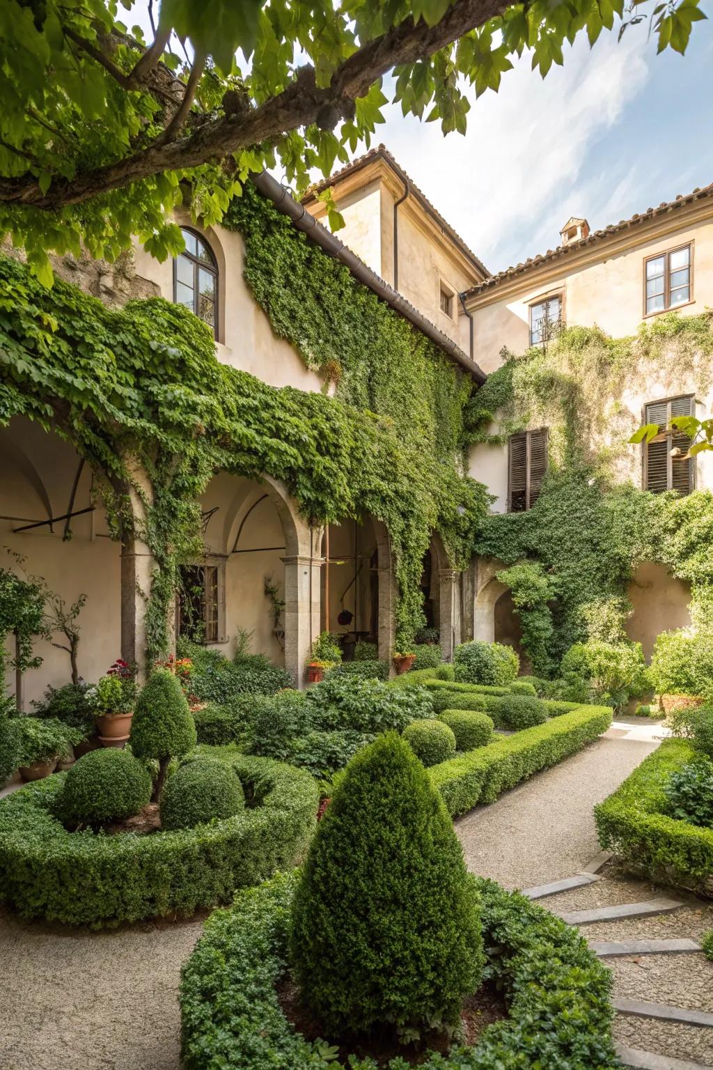 An attractive Italian courtyard garden overflowing with lush greenery.