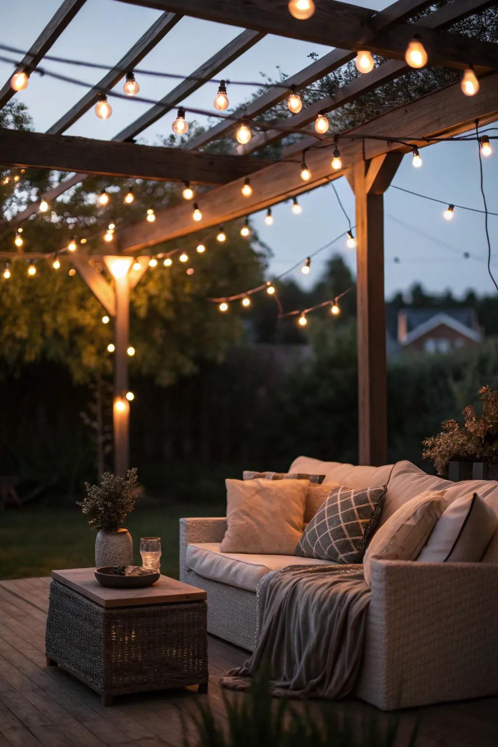 Twinkle strands bring about a sky full of stars effect over a comfortable patio.