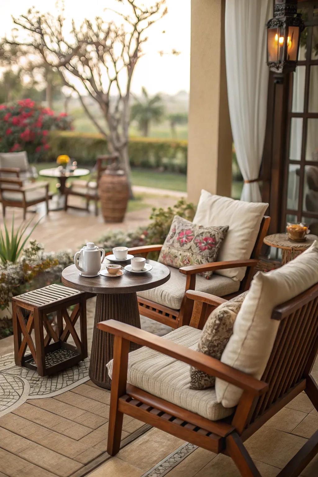 A snug seating space adorned with lavish cushions is indispensable for an inviting patio ambiance.