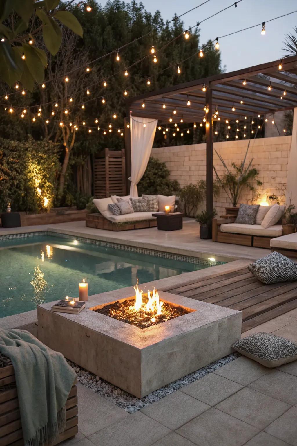 Enhance the atmosphere by including a fire pit by your pool.