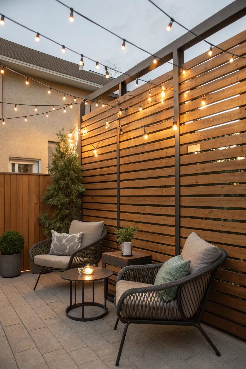 Slat walls made of wood offer a modern aesthetic.