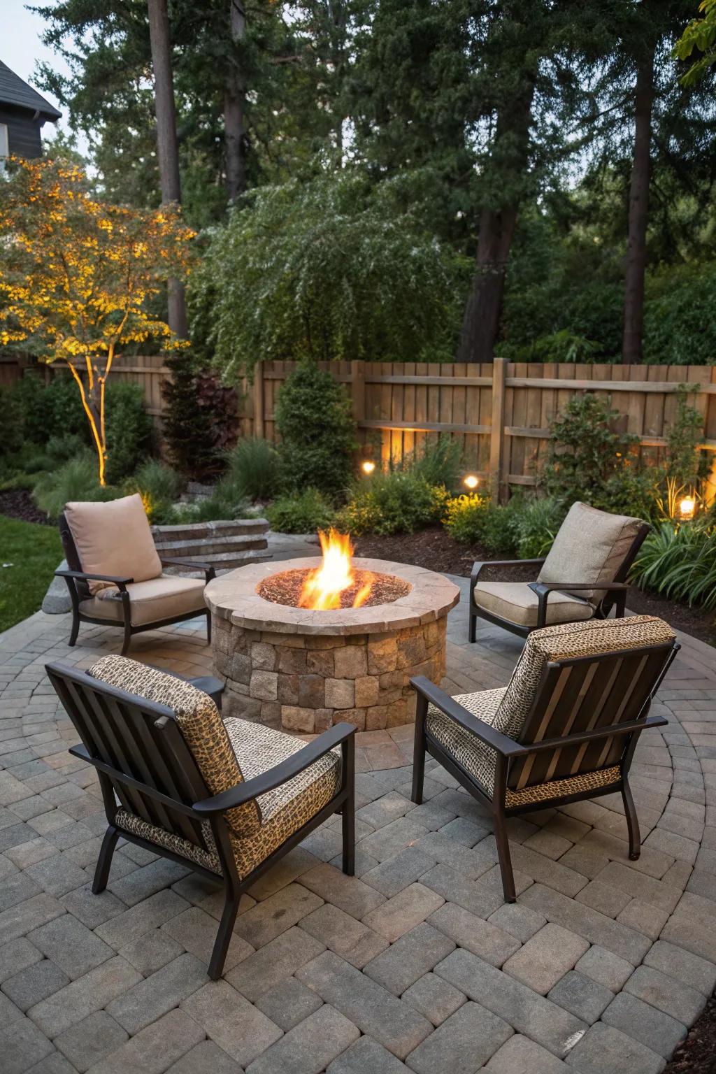 A stone hearth offers a toasty communal point within the paved landscape.