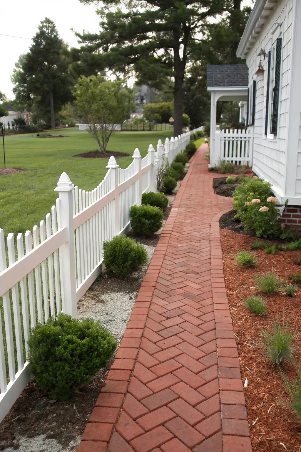 A quintessential red brick paver walkway nestled within a comfortable suburban setting.