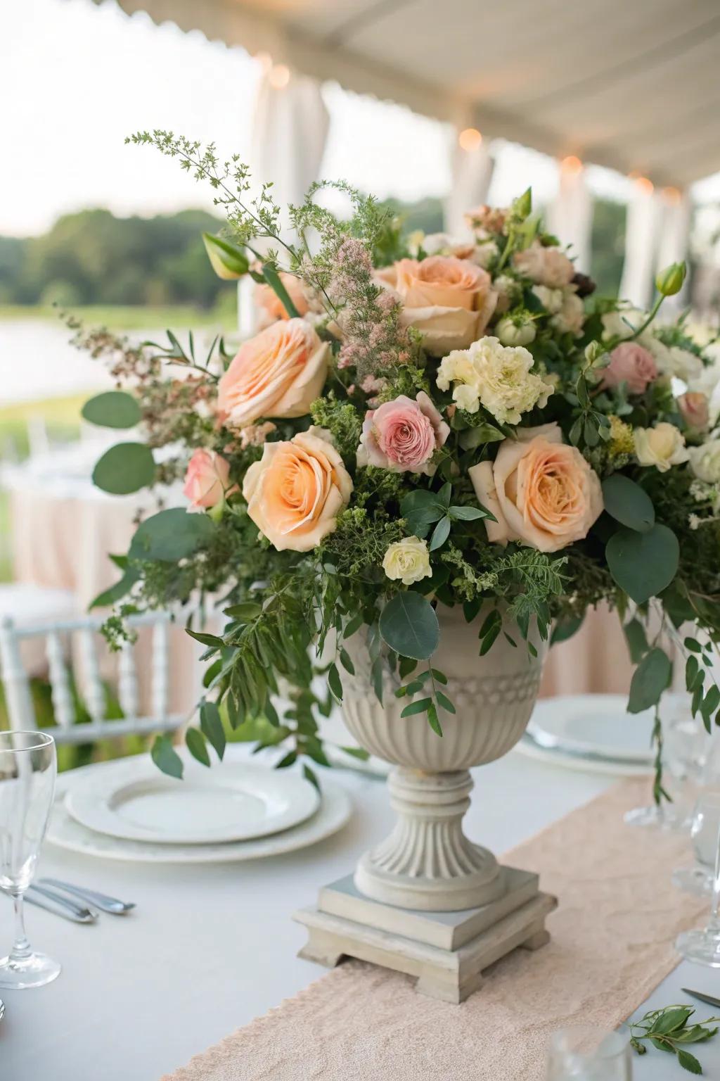 Lavish apricot and verdant floral display to mesmerize your guests.