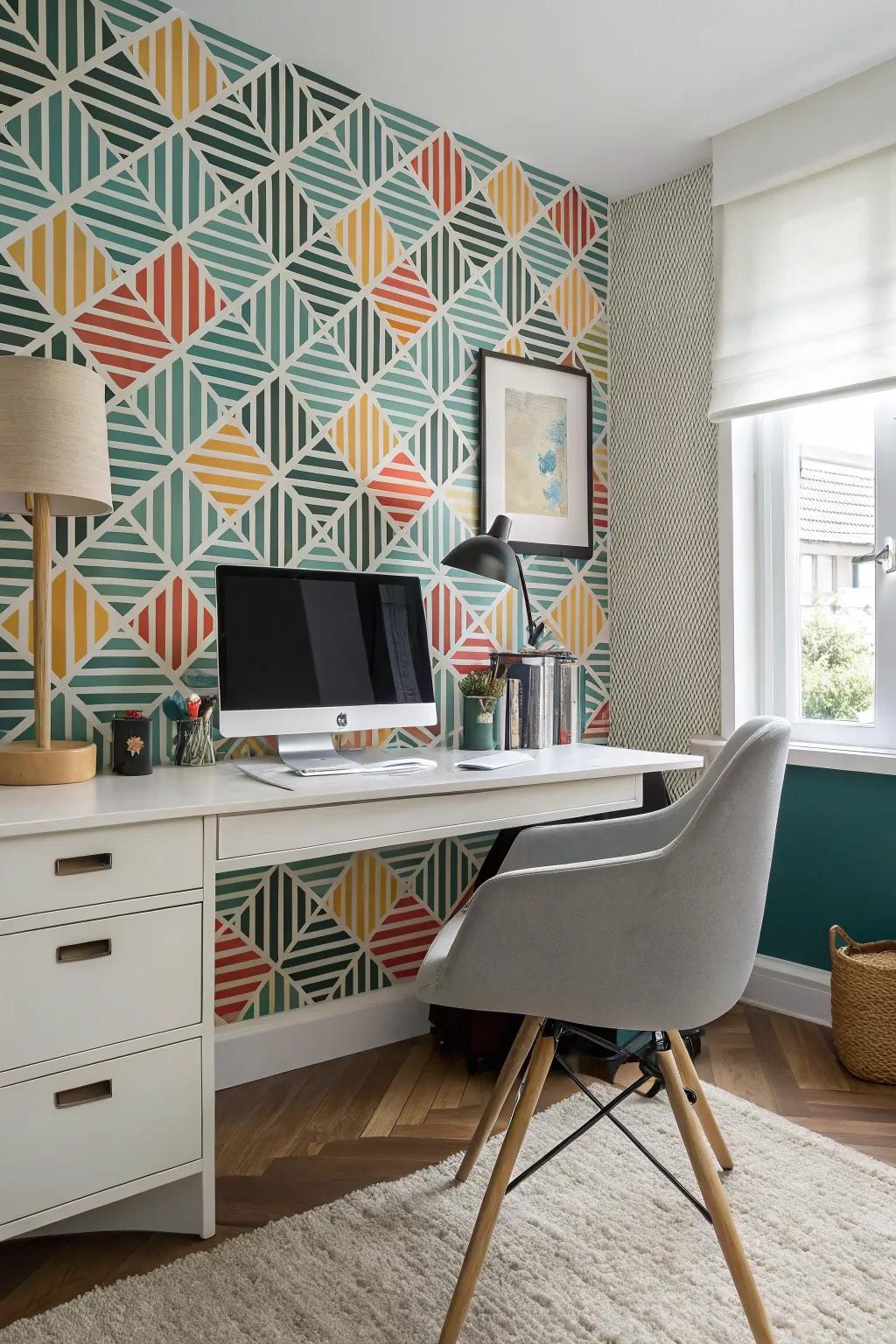 Design a stimulating home office environment with impactful wallpaper designs.