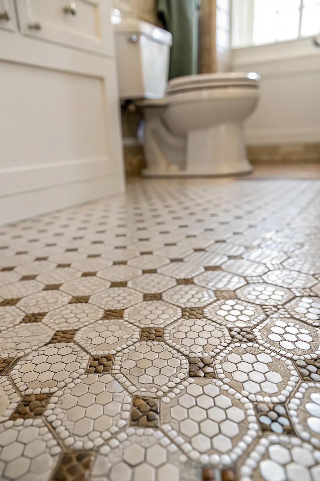 Sophisticated geometric arrangements employing penny rounds on the bathing room surface.