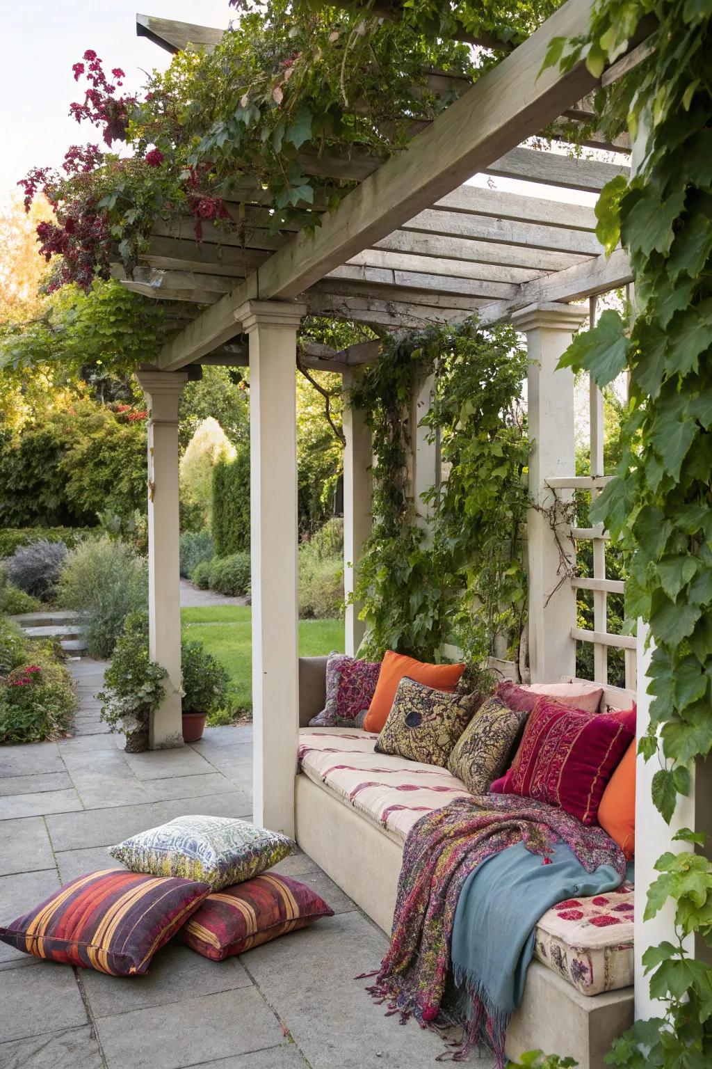 A comfy seating arrangement beneath the pergola encourages kicking back and relaxation.