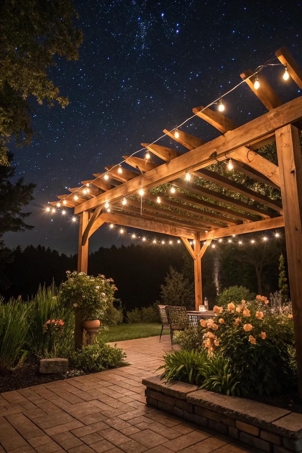 Twinkle lights bestow a hint of enchantment upon your pergola, rendering it ideal for leisurely evenings.