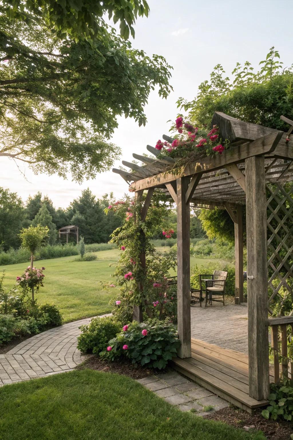 A timbered arbor brings a natural element to your outdoor setting.