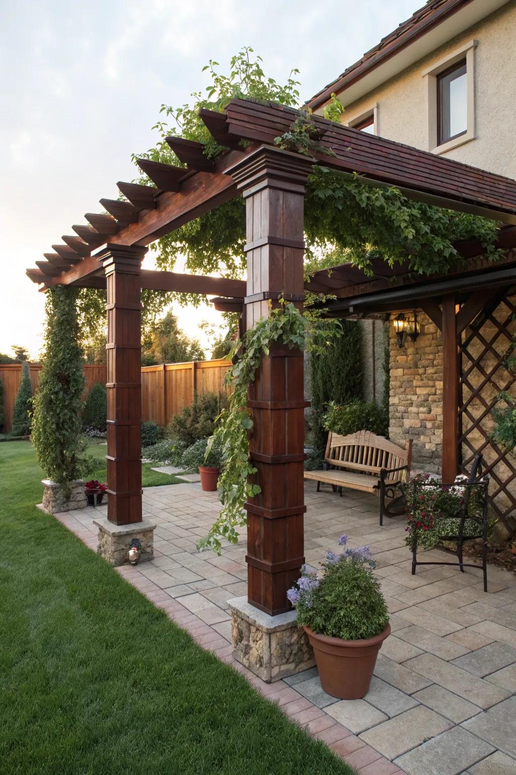 Timeless wood detailing introduces enduring sophistication to pergola supports.