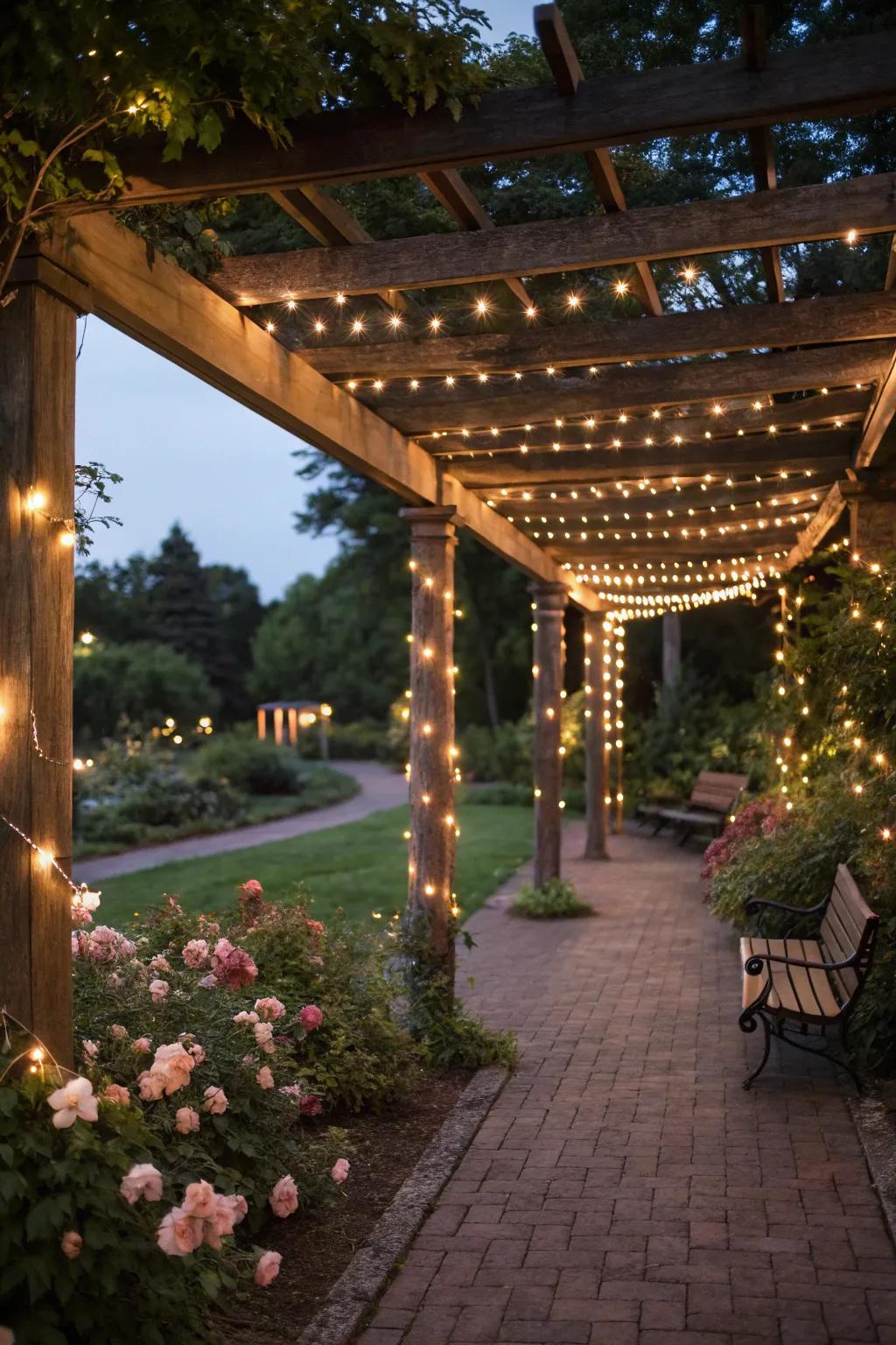 Establish a cozy ambiance by winding illuminated ropes around your pergola beams.