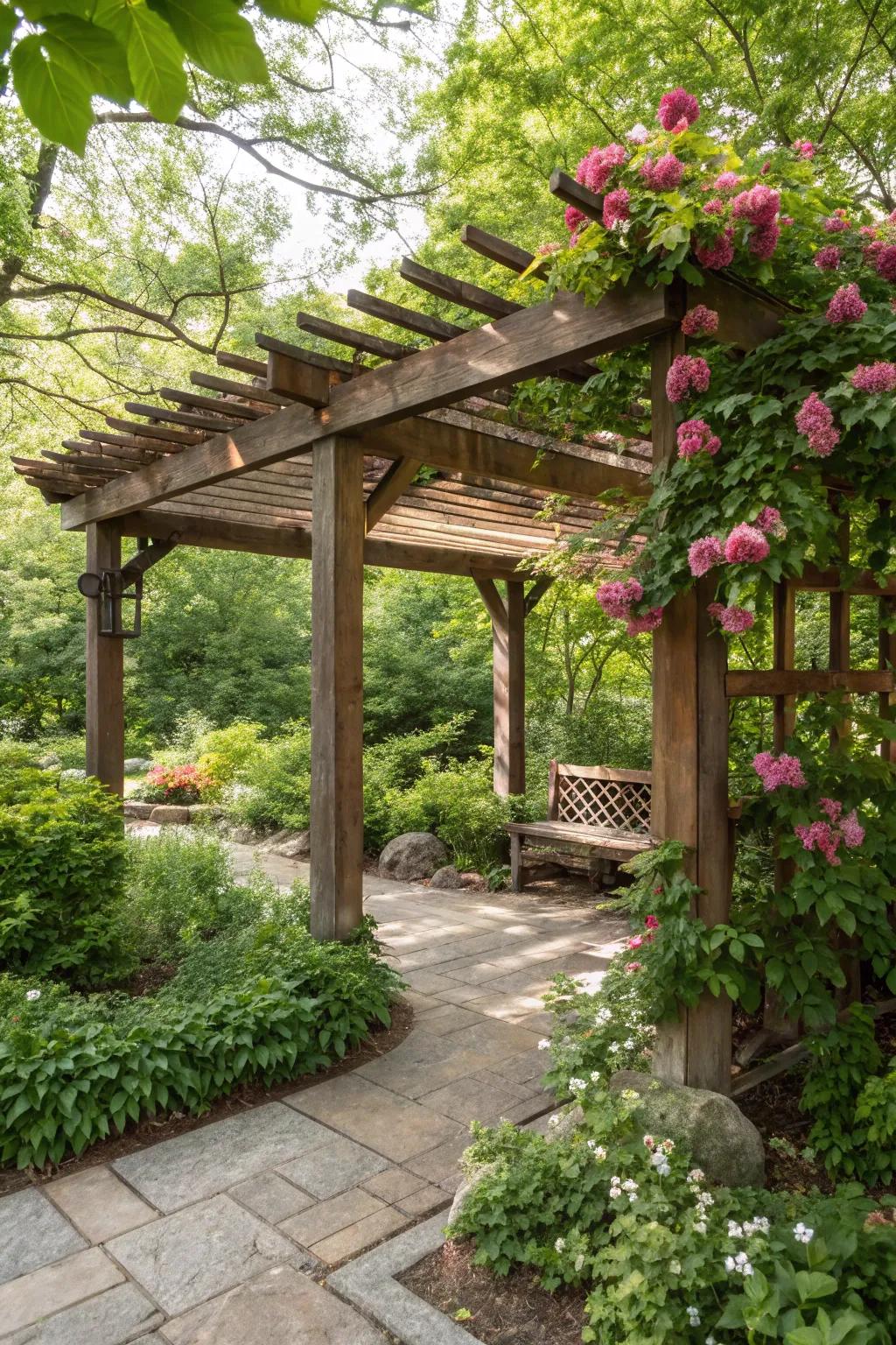 A pergola with a solid wood roof provides total protection from the weather in a verdant garden.
