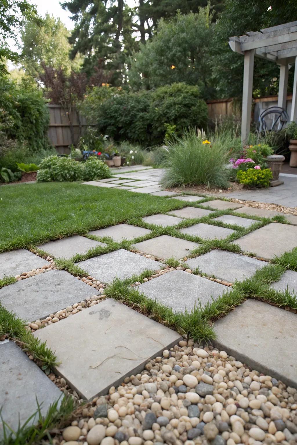 Interlocking pavers paired with grass and gravel create a delightful and practical patio.