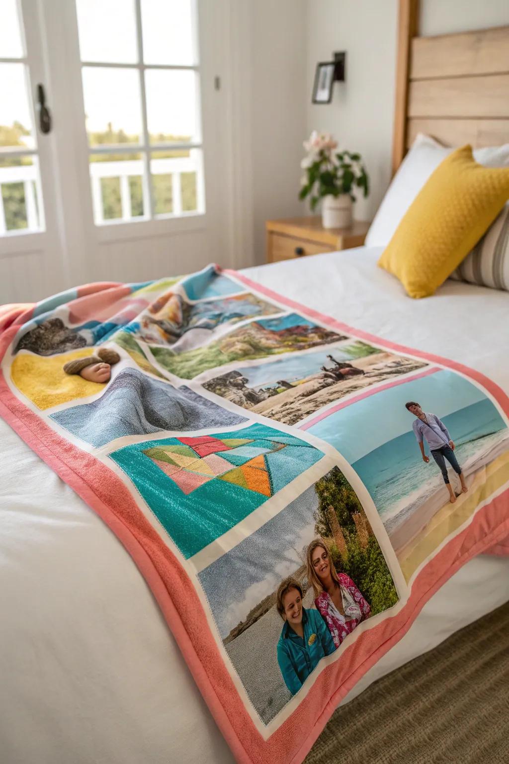A cozy blanket morphed into a vibrant display of family memories through a photo compilation.