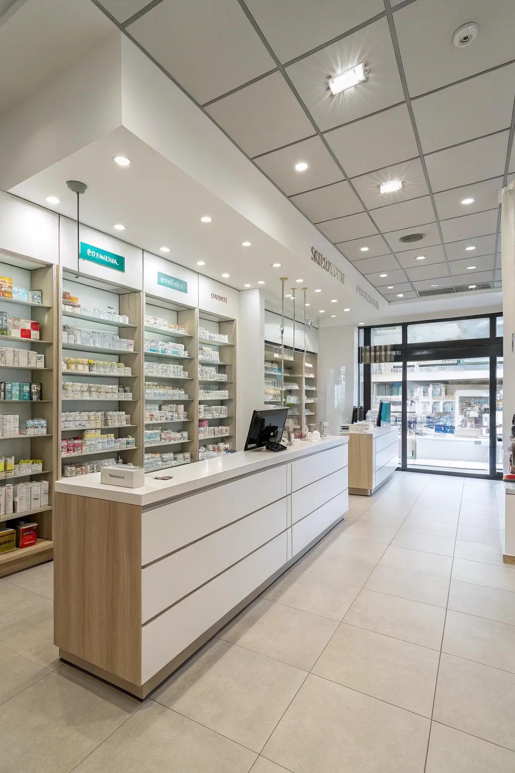 A pharmacy showcasing a modern and minimalist design