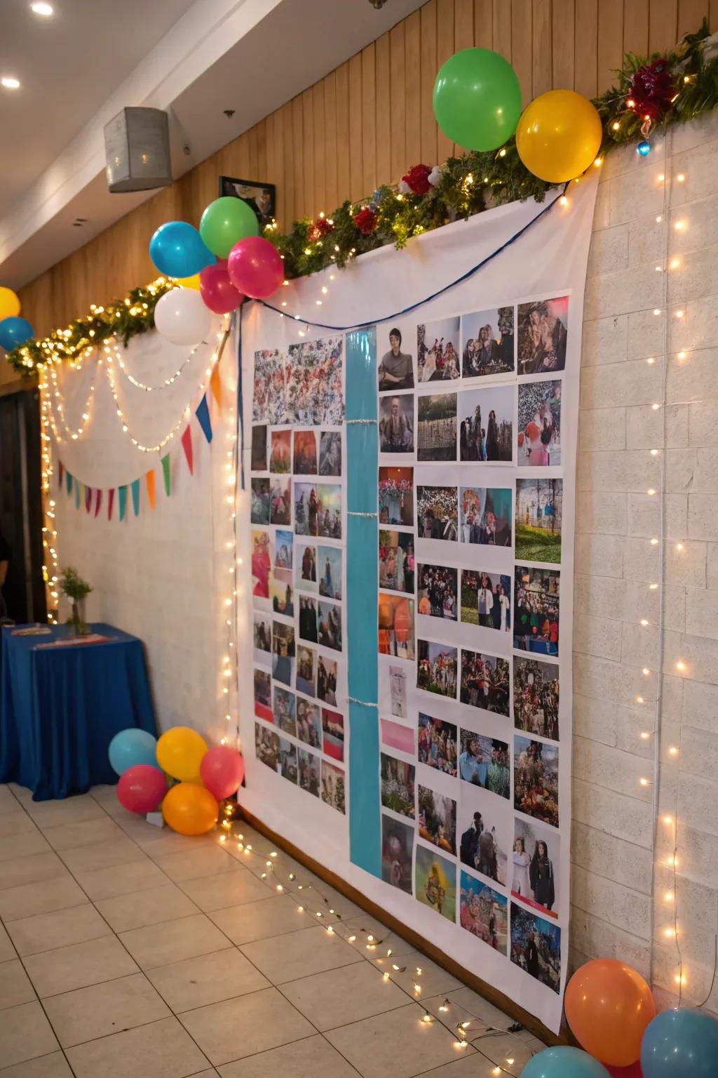 A giant photo collage creates a striking and memorable party backdrop.