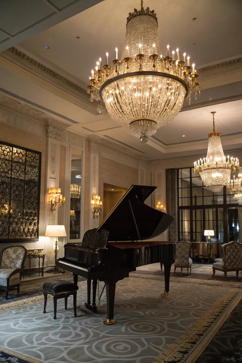 The overhead light introduces grace and elaborate illumination to the piano space.