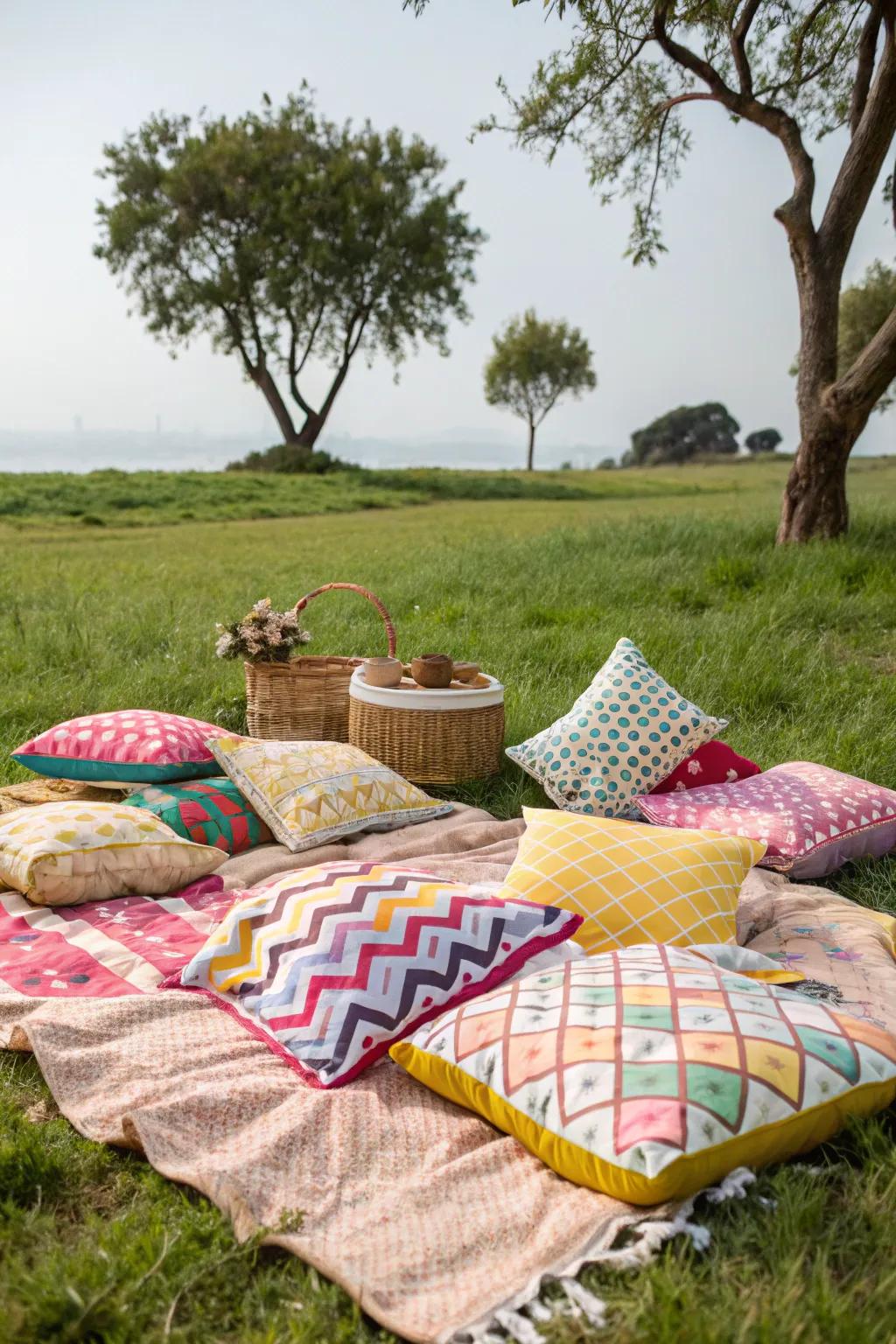 Comfortable and vibrant cushions create an inviting picnic environment.