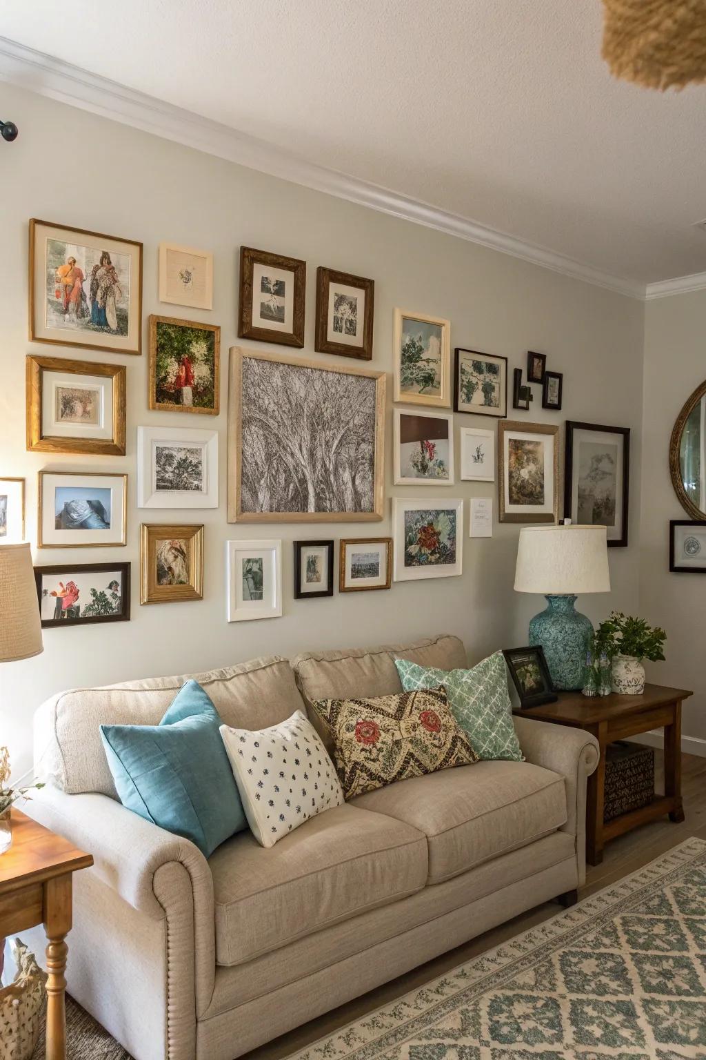 A vibrant gallery wall narrates a personal story through a harmonious blend of artistry and cherished memories.