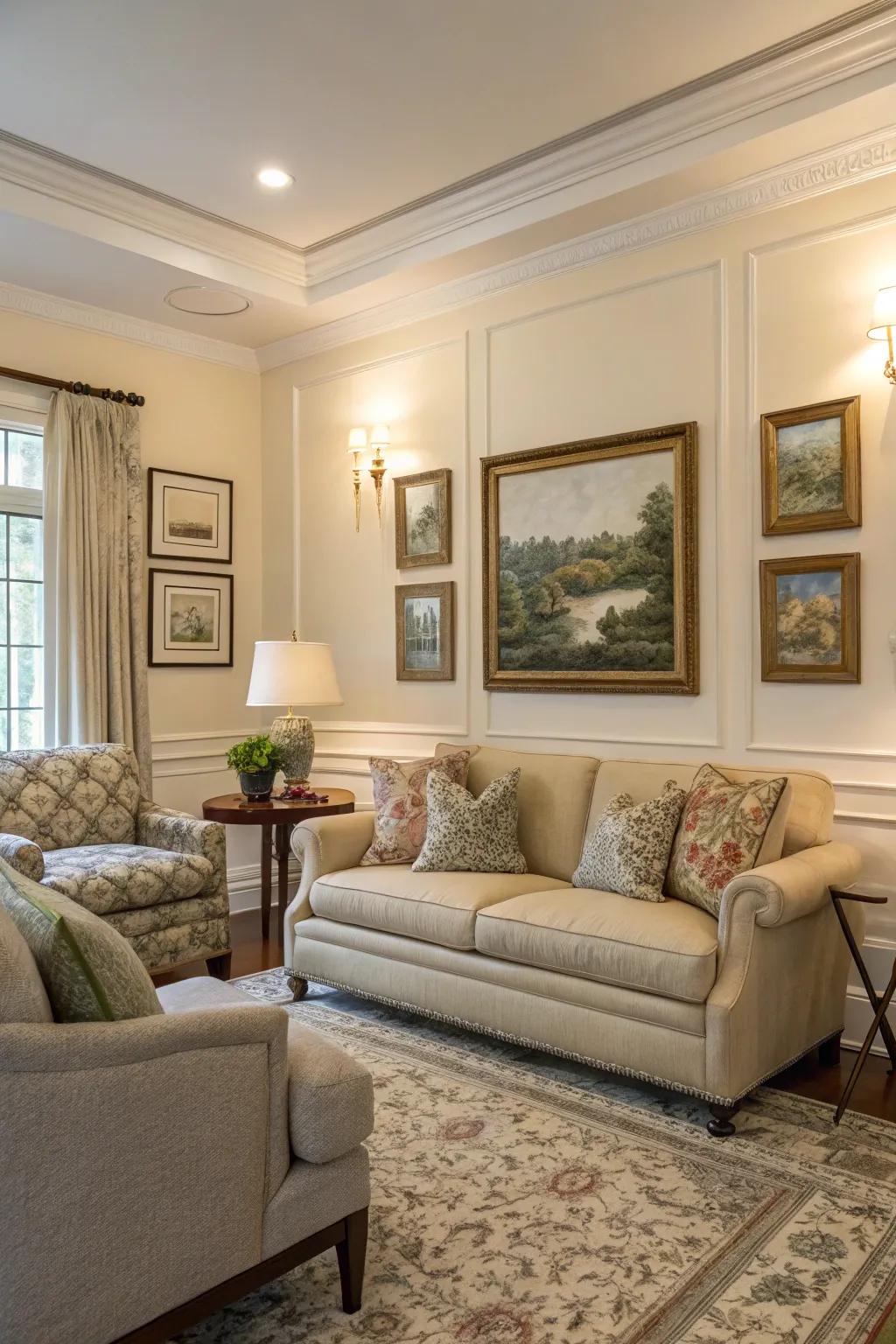 Amplify living room sophistication through paneling around artwork.